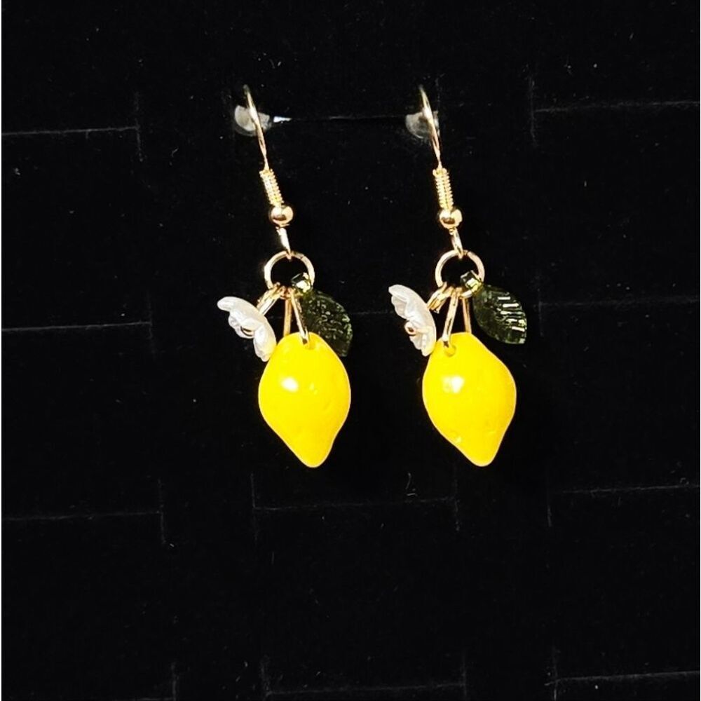 Lemon Drop Earrings Fish Hook Dangle Rhinestone Yellow Fruit 1.5" Summer Vacay